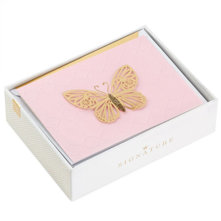Hallmark Gold Butterfly On Pink Blank Note Cards, Box Of 8 1 Hallmark Gold Butterfly On Pink Blank Note Cards, Box Of 8